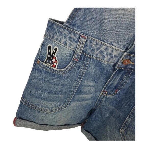 LEI Denim Overall Shorts Size L Patriotic Flag Peace Apple Patch Back To School - Picture 4 of 10